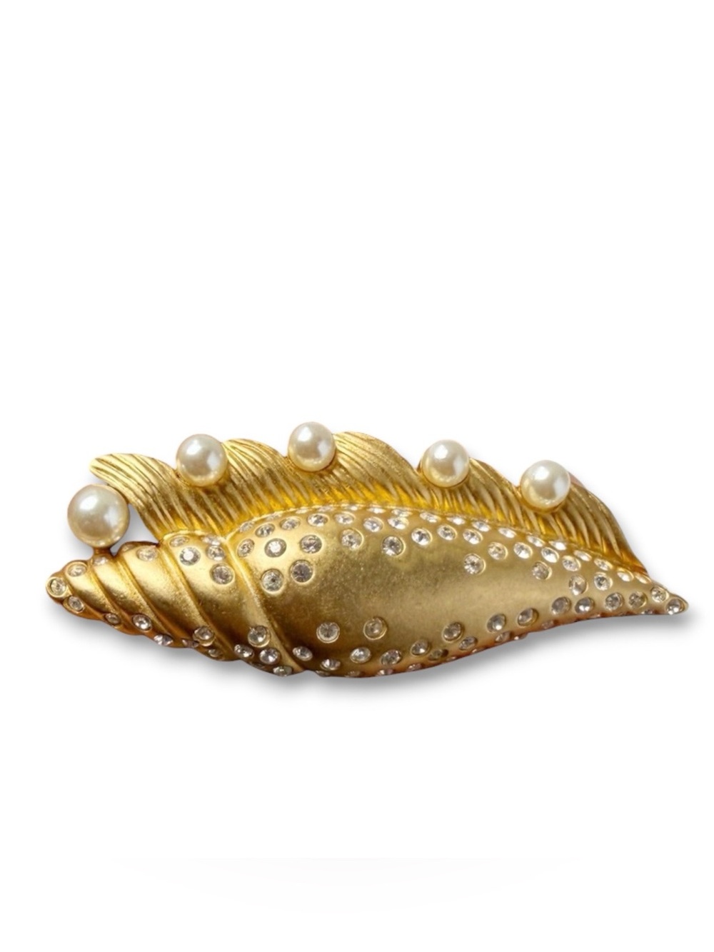 Vintage Swarovski Faux Pearl Rhinestone Matte Goldtone Seashell Shell Brooch Pin